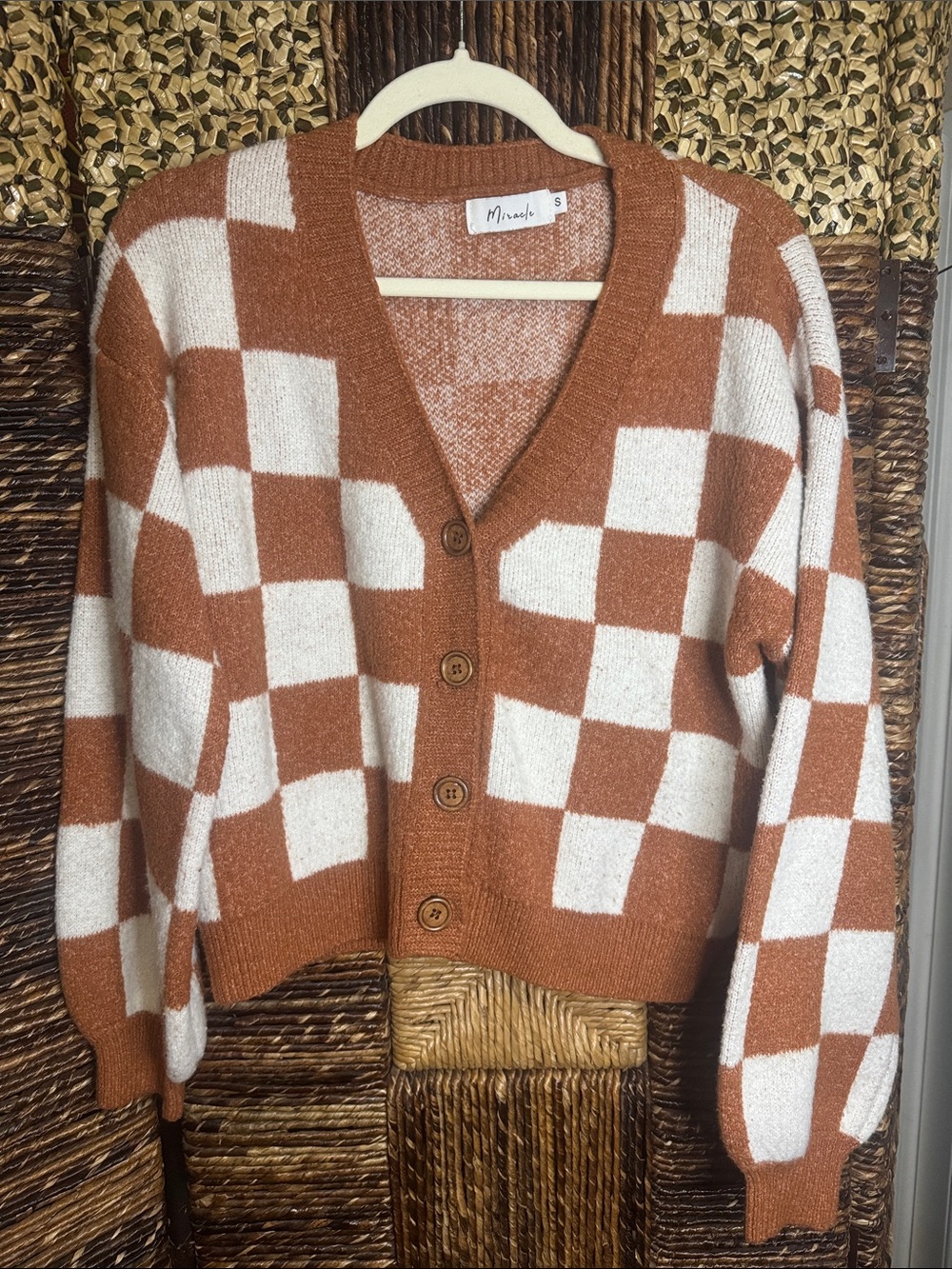 Miracle Rust and Cream Checkerboard V-Neck Cardigan
